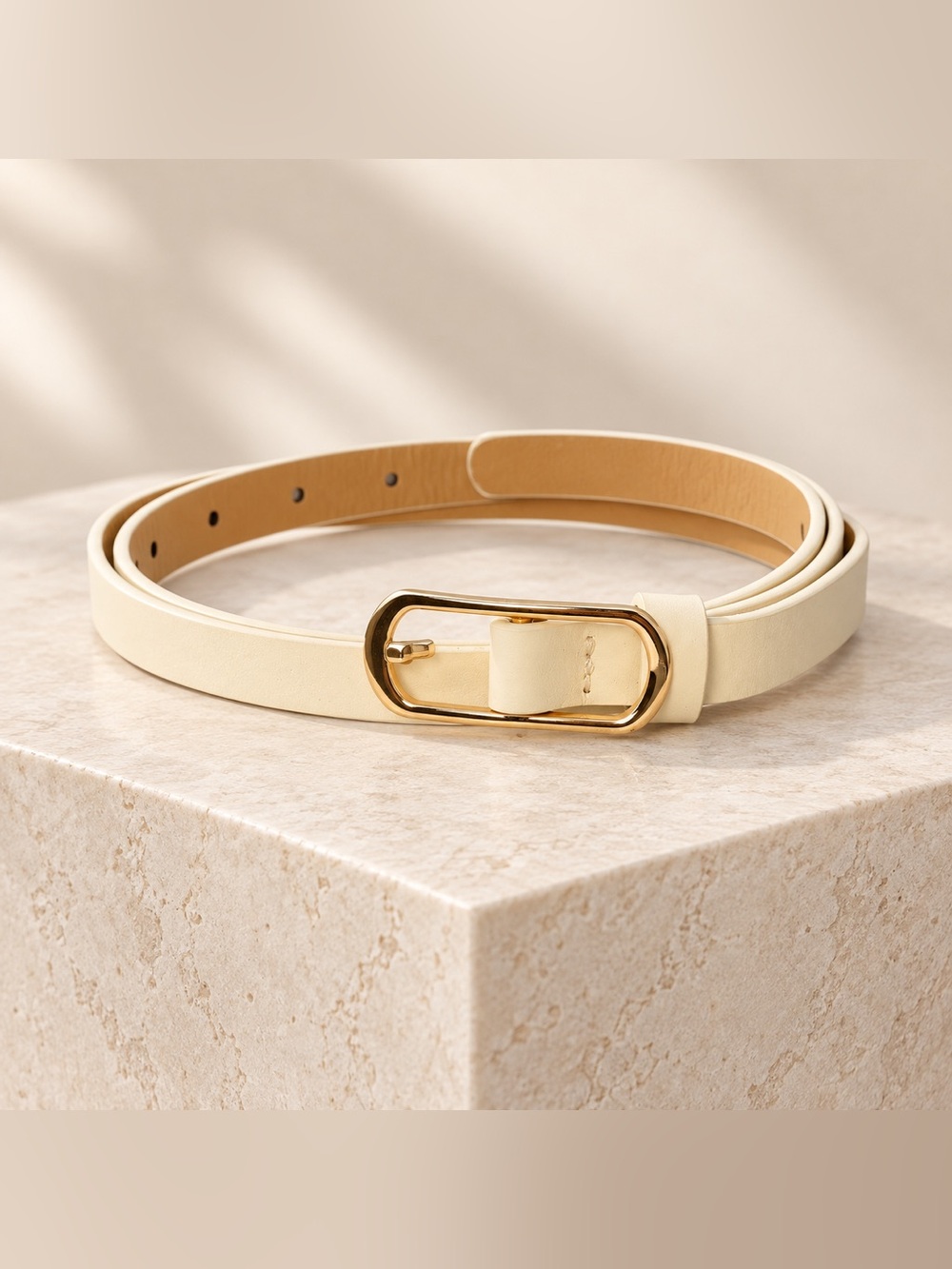 Elegant Cream Skinny Belt Gold Buckle Minimalist Y2K Style